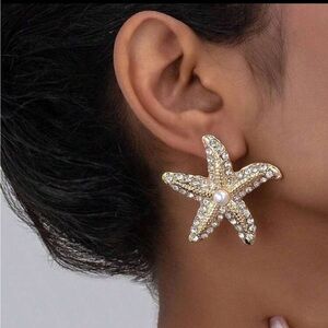 Gold Starfish Crystal Pearl Drop Earrings - Women Jewelry